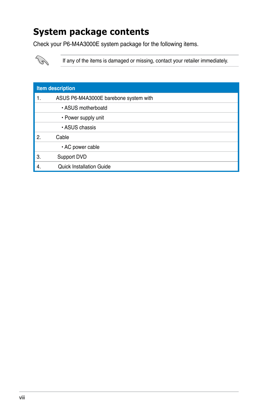 System package contents | Asus P6-M4A3000E User Manual | Page 8 / 59