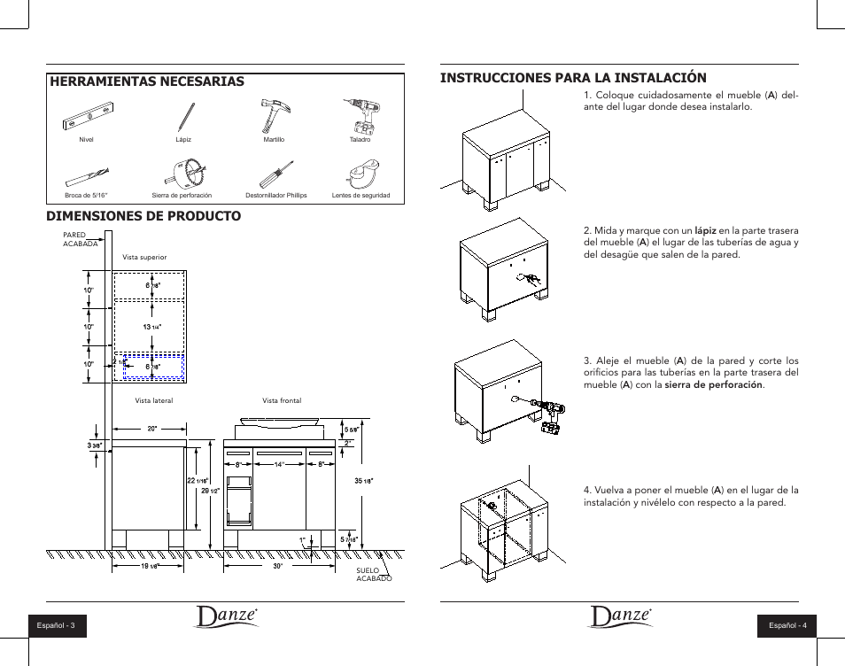 Instrucciones para la instalación, Dimensiones de producto herramientas necesarias | Danze DF032130 - Installation Manual User Manual | Page 7 / 12