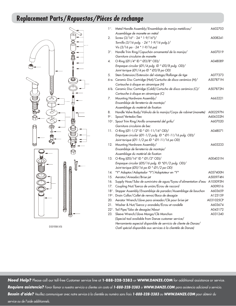 Replacement parts/ repuestos/pièces de rechange | Danze D331558 - Installation Manual User Manual | Page 7 / 7