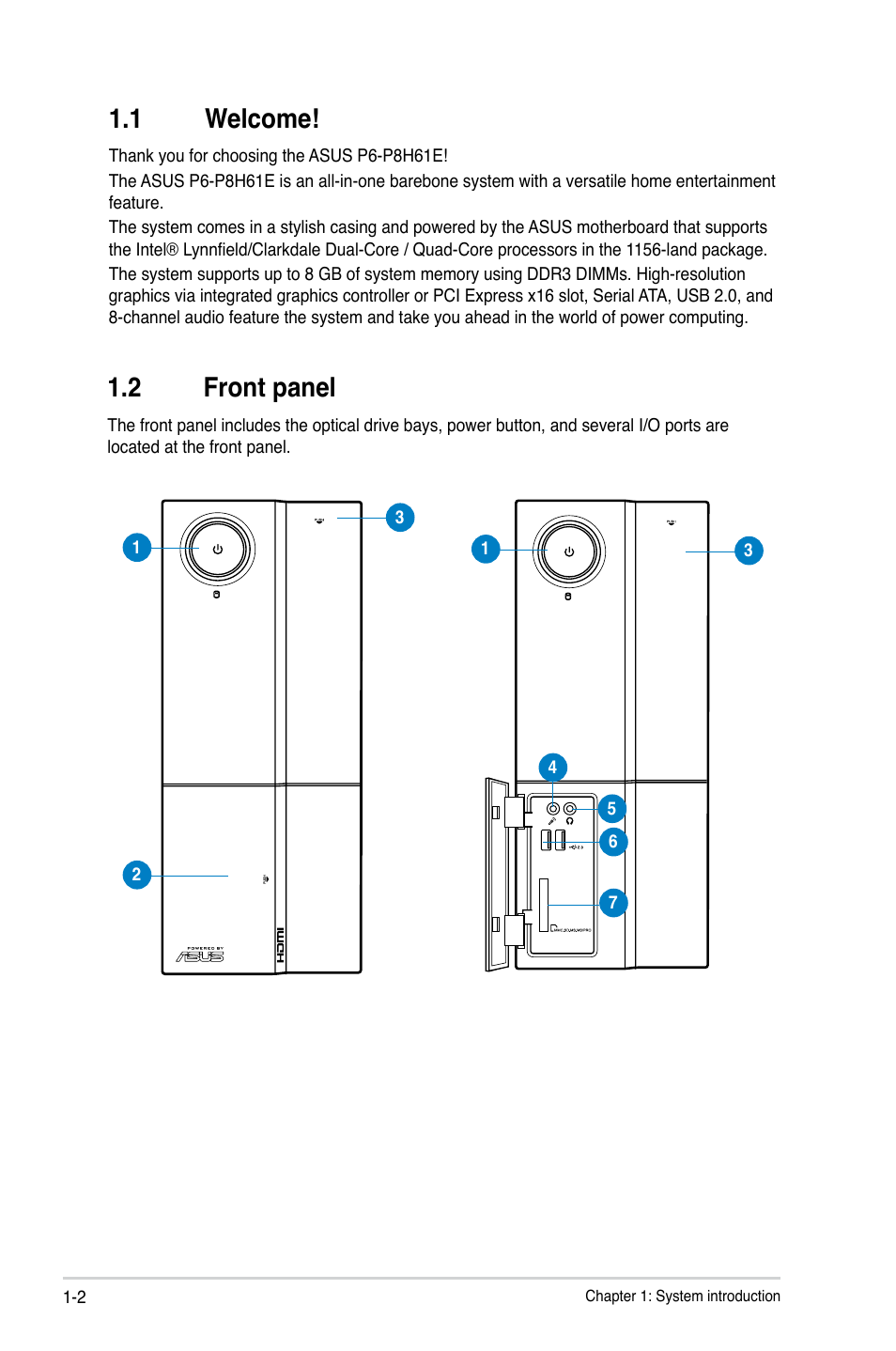 1 welcome, 2 front panel, Welcome! -2 | Front panel -2 | Asus P6-P8H61E User Manual | Page 10 / 75