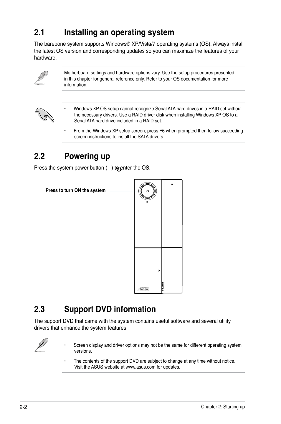 1 installing an operating system, 2 powering up, 3 support dvd information | Installing an operating system -2, Powering up -2, Support dvd information -2 | Asus P6-P8H61E User Manual | Page 18 / 75