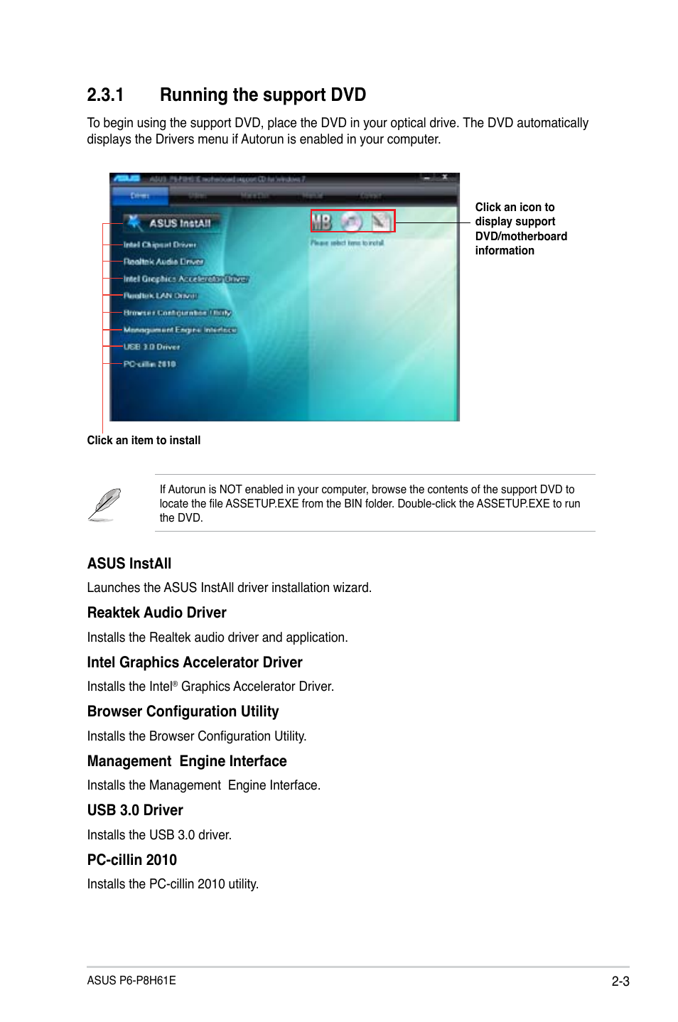 1 running the support dvd, Running the support dvd -3 | Asus P6-P8H61E User Manual | Page 19 / 75