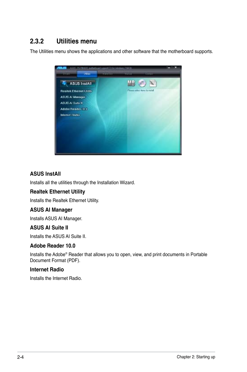 2 utilities menu, Utilities menu -4 | Asus P6-P8H61E User Manual | Page 20 / 75