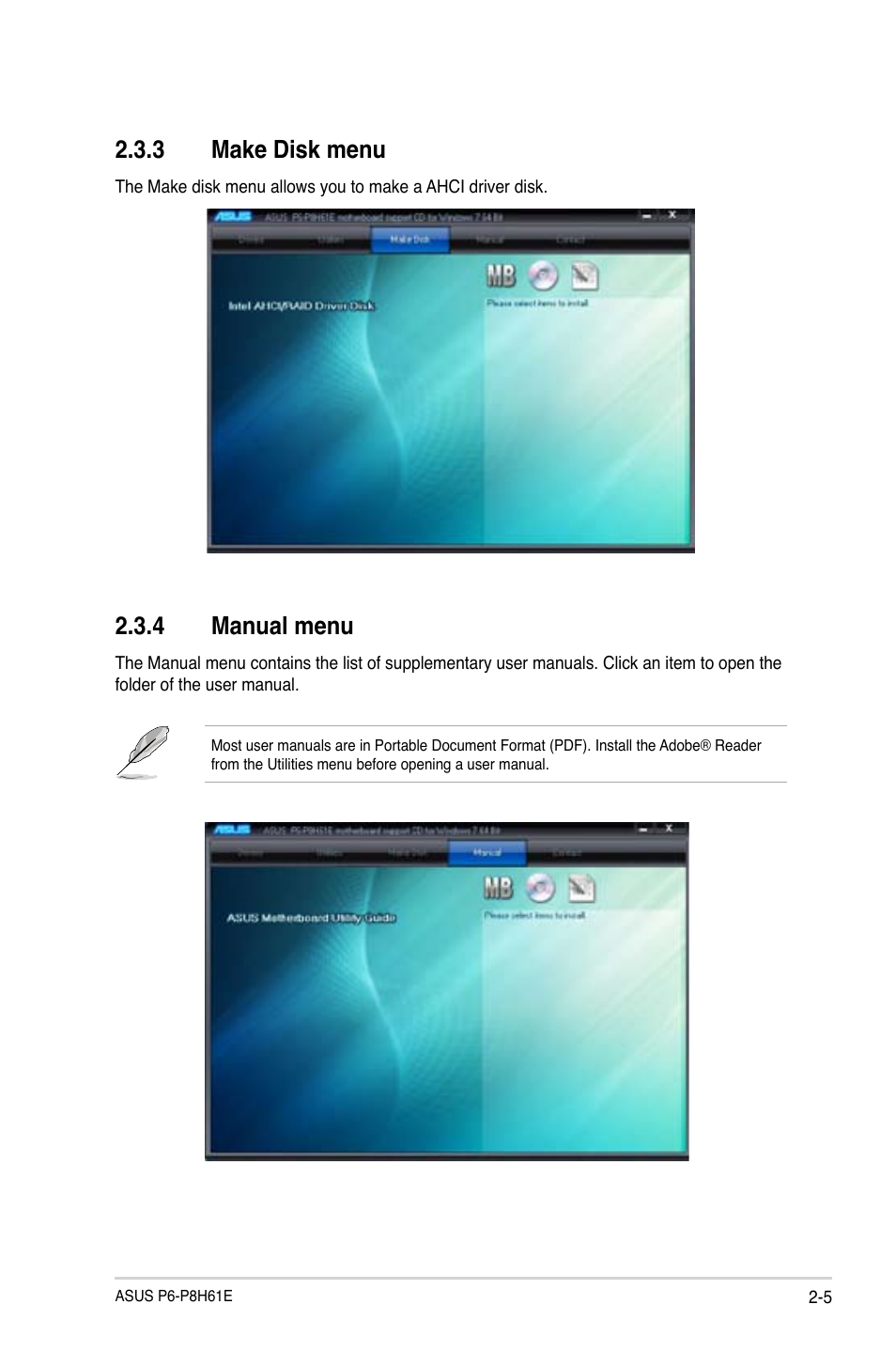 3 make disk menu, 4 manual menu, Make disk menu -5 | Manual menu -5 | Asus P6-P8H61E User Manual | Page 21 / 75