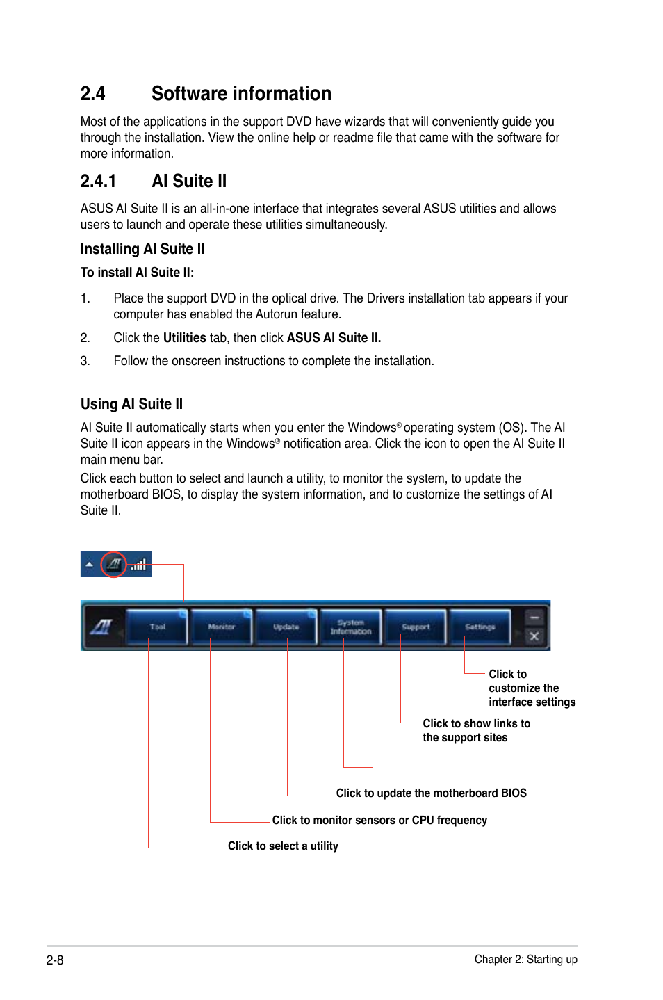 4 software information, 1 ai suite ii, Software information -8 2.4.1 | Ai suite ii -8 | Asus P6-P8H61E User Manual | Page 24 / 75