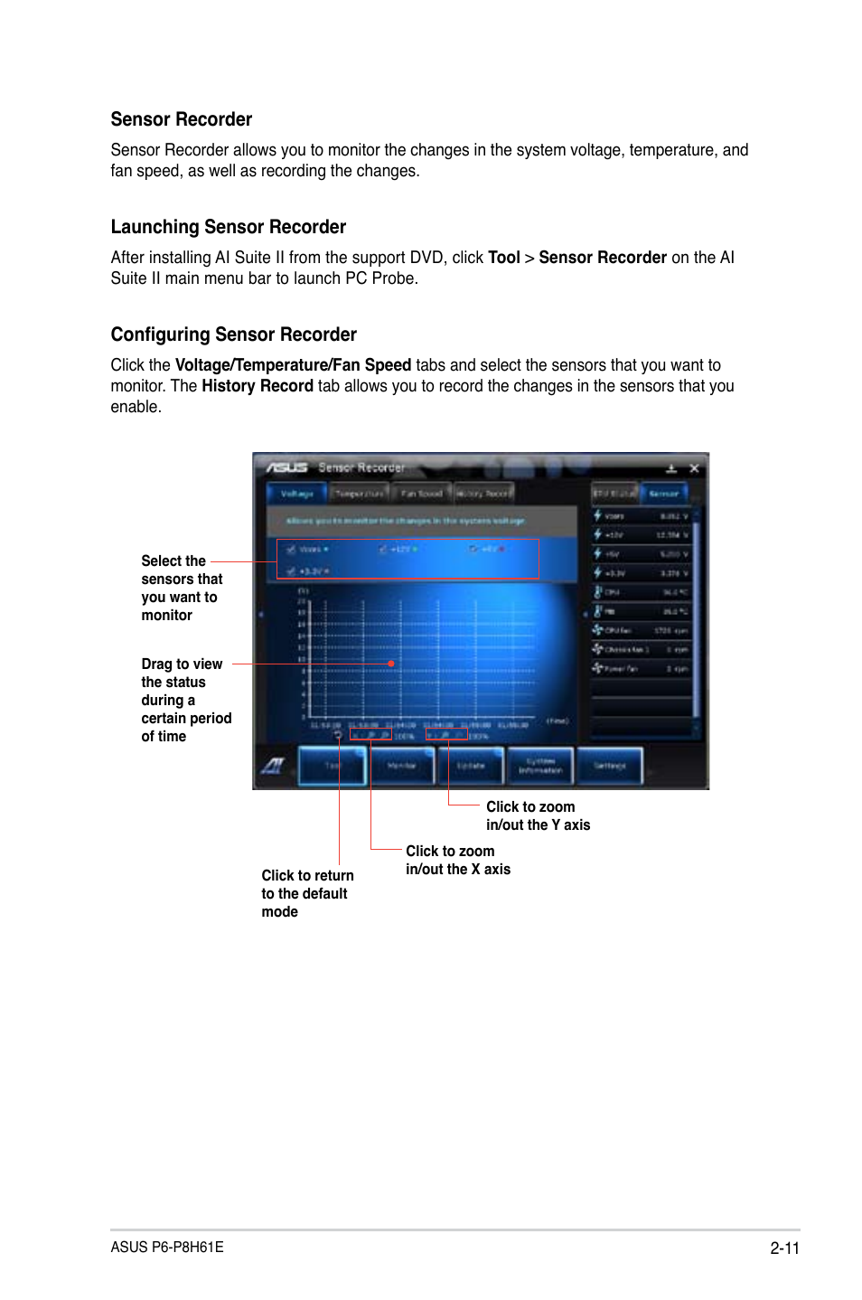 Sensor recorder, Launching sensor recorder, Configuring sensor recorder | Asus P6-P8H61E User Manual | Page 27 / 75