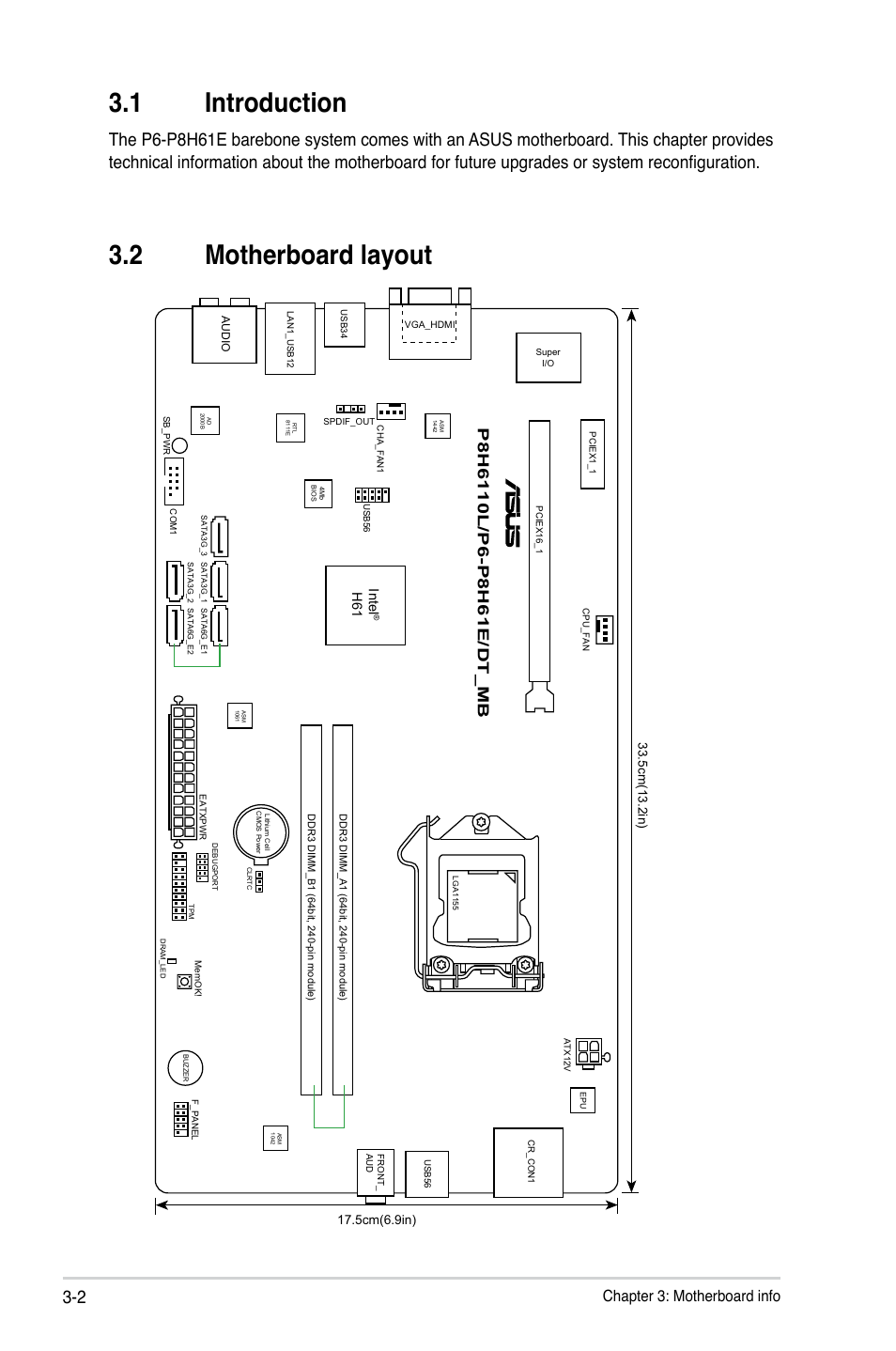 1 introduction, 2 motherboard layout, Introduction -2 | Motherboard layout -2, Chapter 3: motherboard info, Intel | Asus P6-P8H61E User Manual | Page 40 / 75