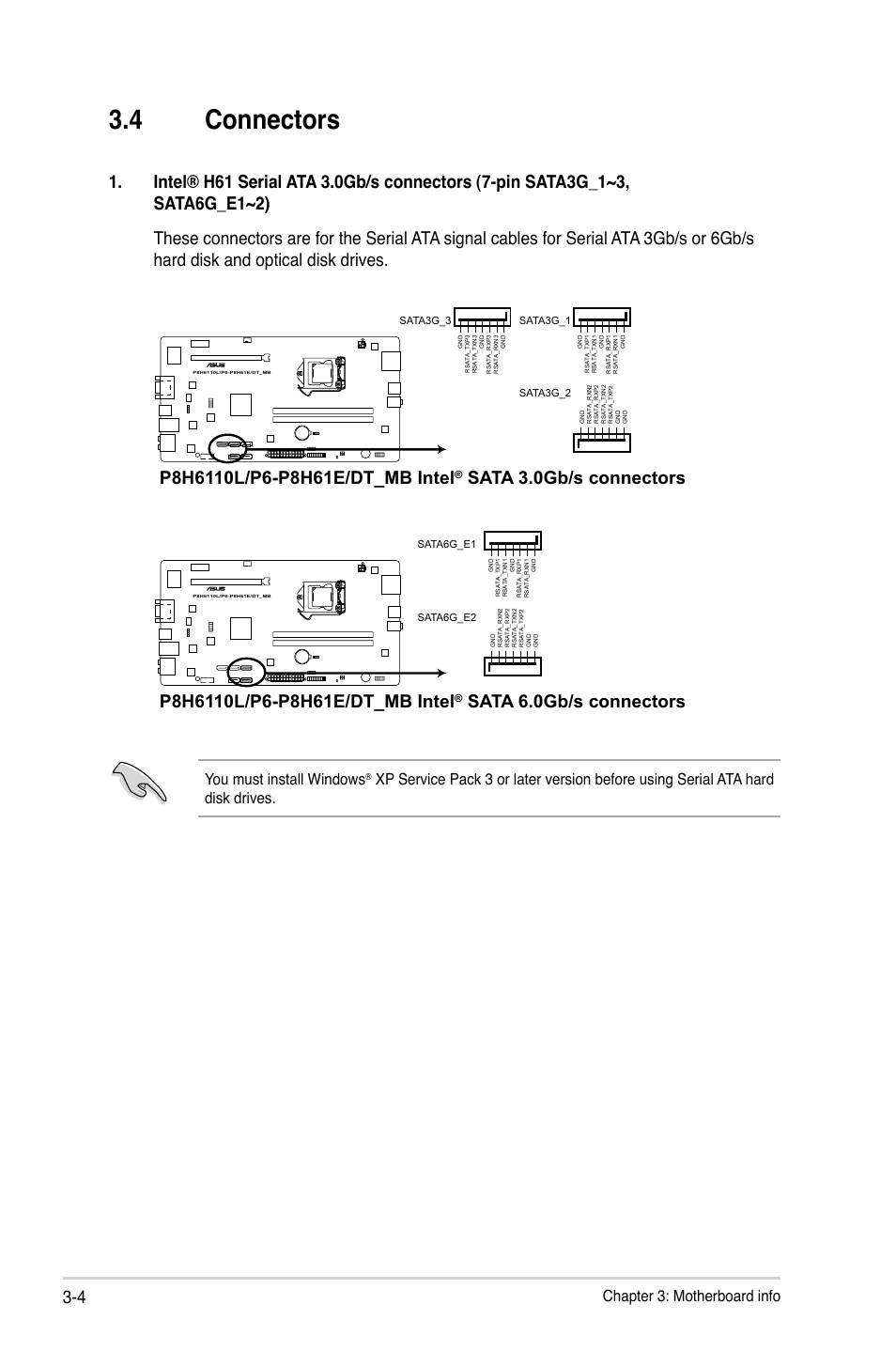 4 connectors, Connectors -4, Sata 3.0gb/s connectors | Sata 6.0gb/s connectors, Chapter 3: motherboard info, You must install windows | Asus P6-P8H61E User Manual | Page 42 / 75