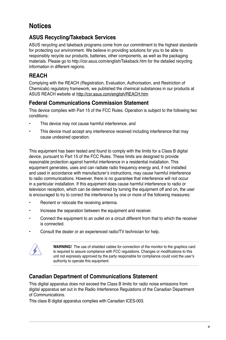 Notices, Canadian department of communications statement, Asus recycling/takeback services | Reach, Federal communications commission statement | Asus P6-P8H61E User Manual | Page 5 / 75