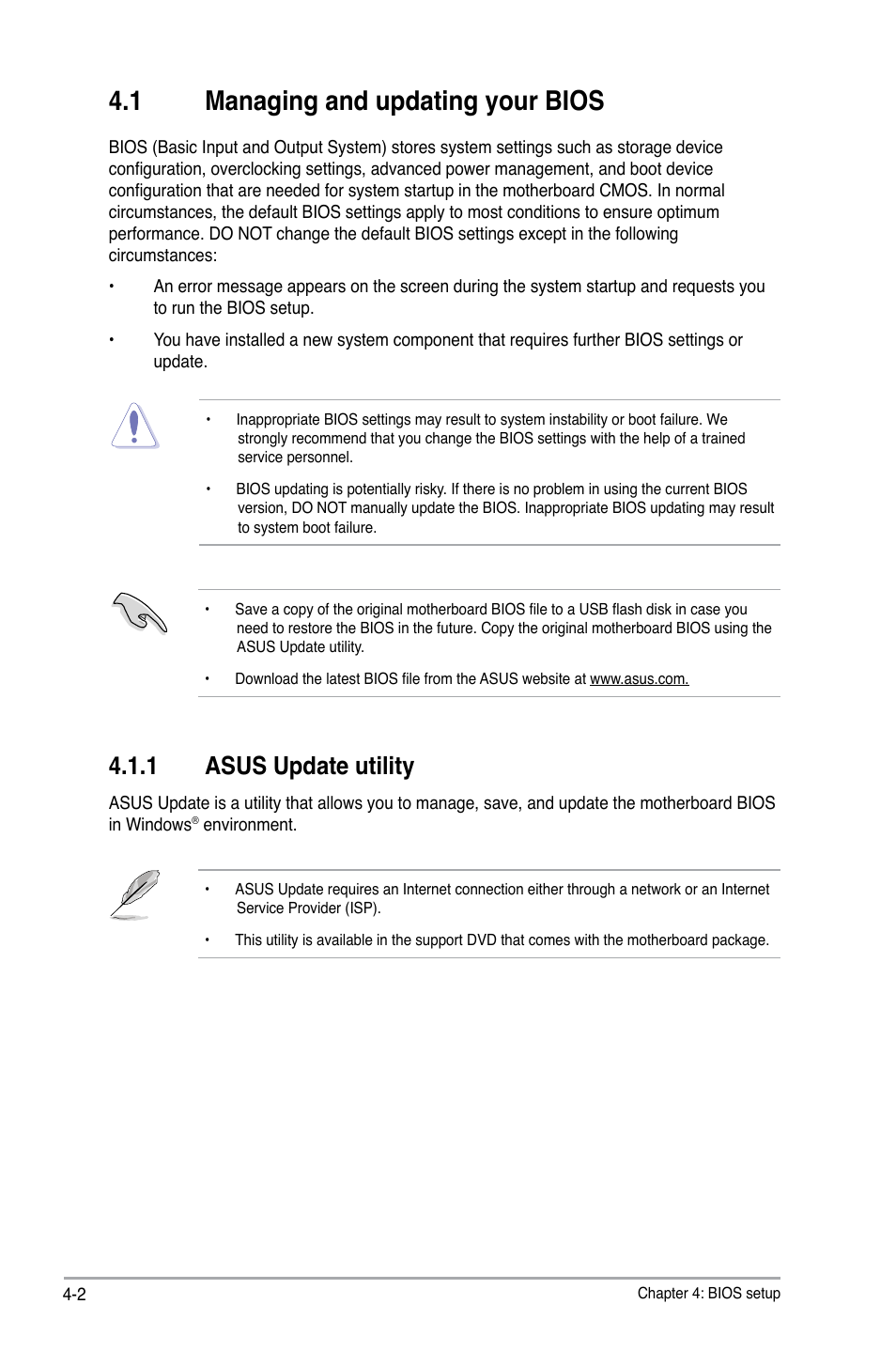 1 managing and updating your bios, 1 asus update utility, Managing and updating your bios -2 4.1.1 | Asus update utility -2 | Asus P6-P8H61E User Manual | Page 52 / 75