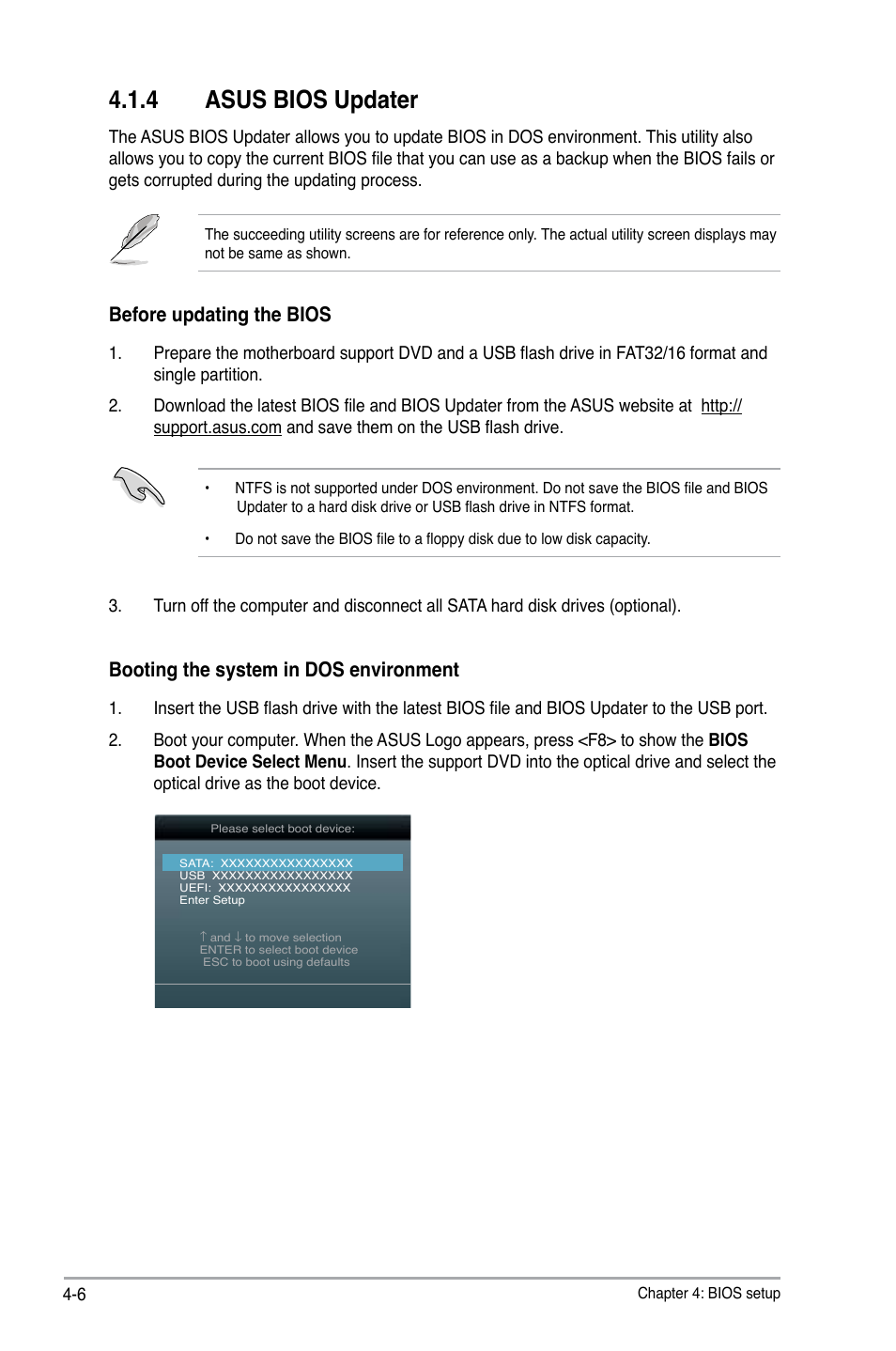 4 asus bios updater, Asus bios updater -6, Before updating the bios | Booting the system in dos environment | Asus P6-P8H61E User Manual | Page 56 / 75