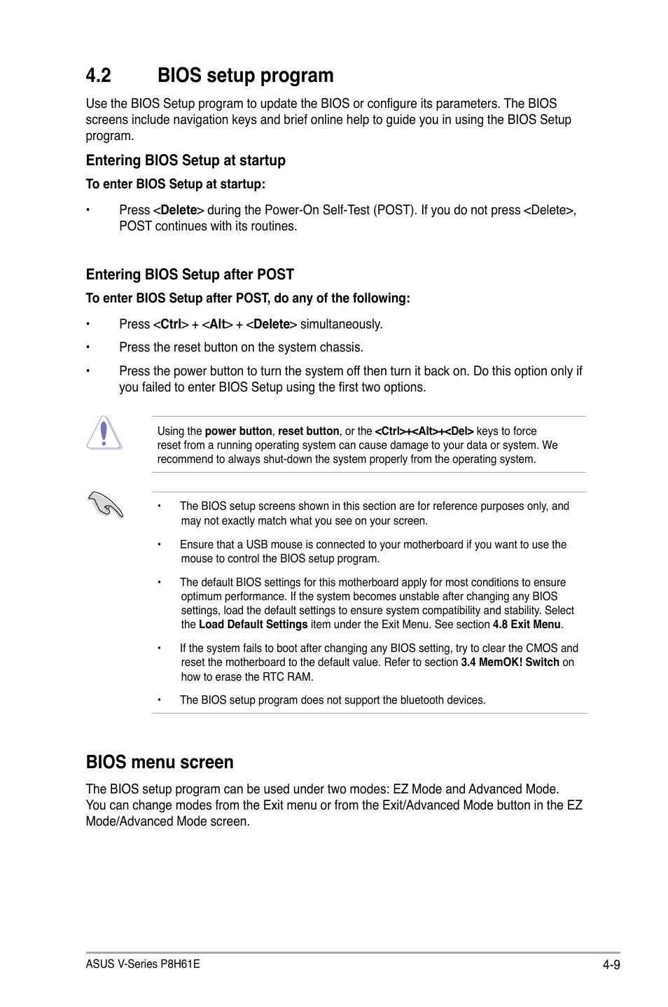 2 bios setup program, Bios menu screen, Bios setup program -9 bios menu screen -9 | Asus P6-P8H61E User Manual | Page 59 / 75