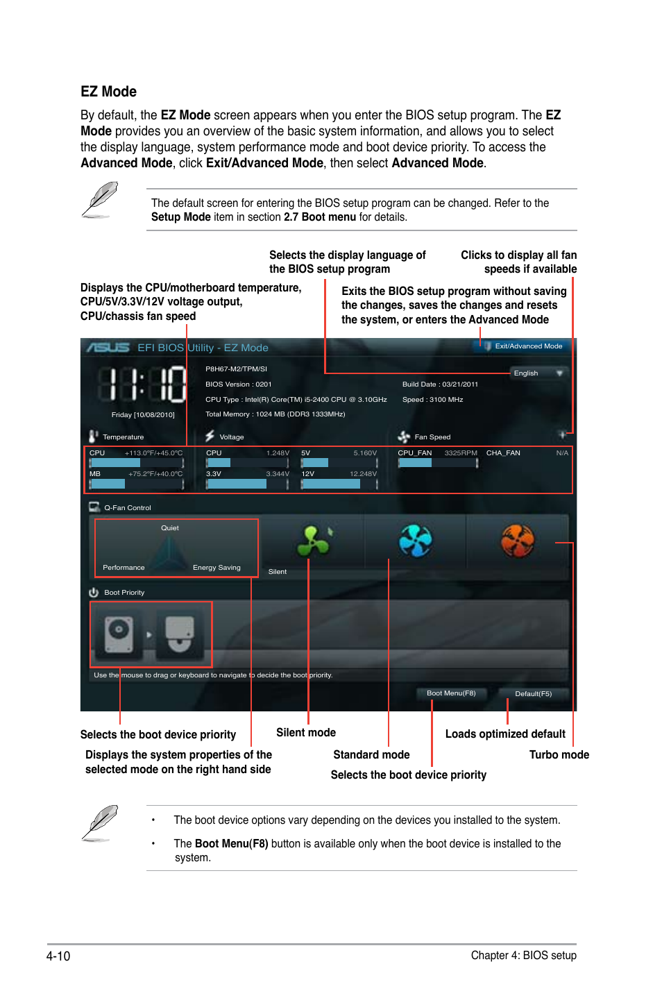 Ez mode, Chapter 4: bios setup | Asus P6-P8H61E User Manual | Page 60 / 75