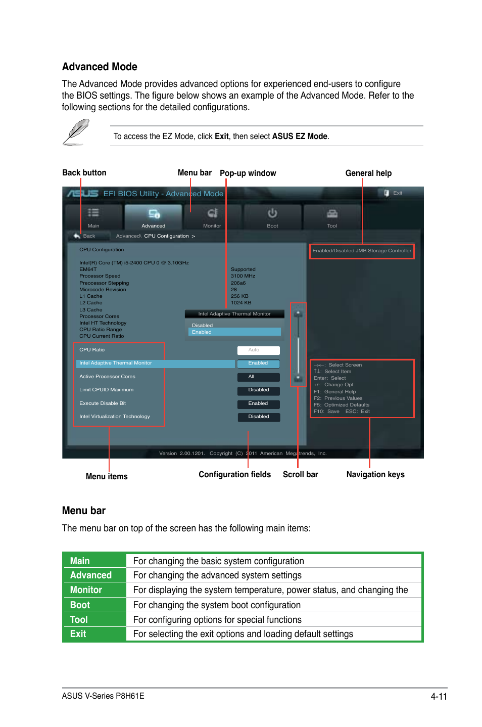 Advanced mode, Menu bar, Asus v-series p8h61e | Navigation keys, General help menu bar menu items scroll bar, Back button configuration fields pop-up window | Asus P6-P8H61E User Manual | Page 61 / 75