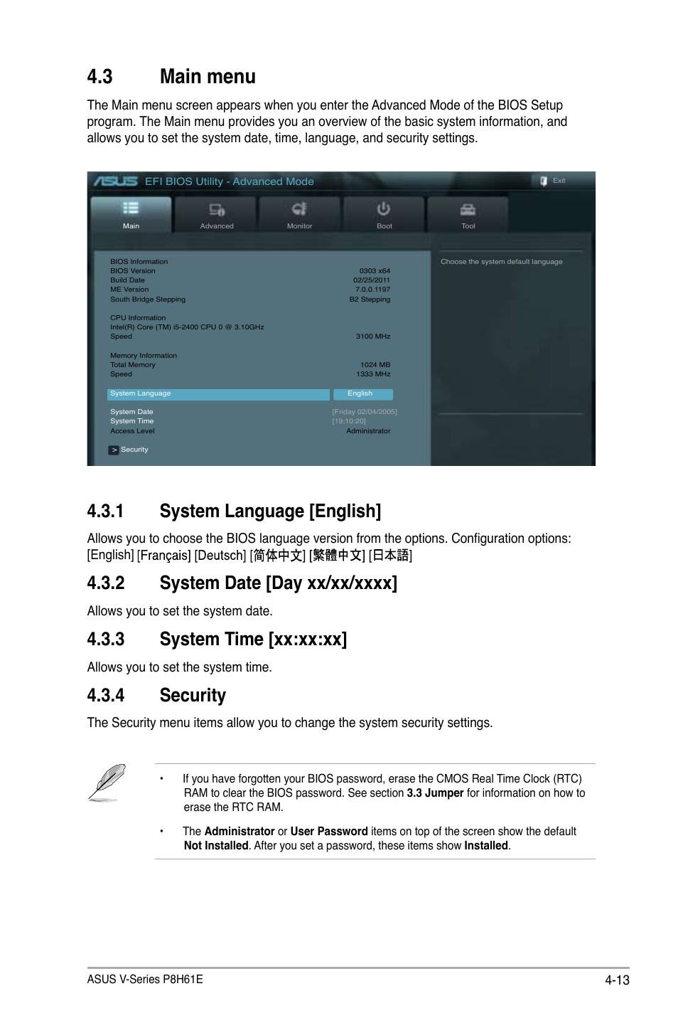 3 main menu, 1 system language [english, 2 system date [day xx/xx/xxxx | 3 system time [xx:xx:xx, 4 security, Main menu -13 4.3.1, System language [english] -13, System date [day xx/xx/xxxx] -13, System time [xx:xx:xx] -13, Security -13 | Asus P6-P8H61E User Manual | Page 63 / 75