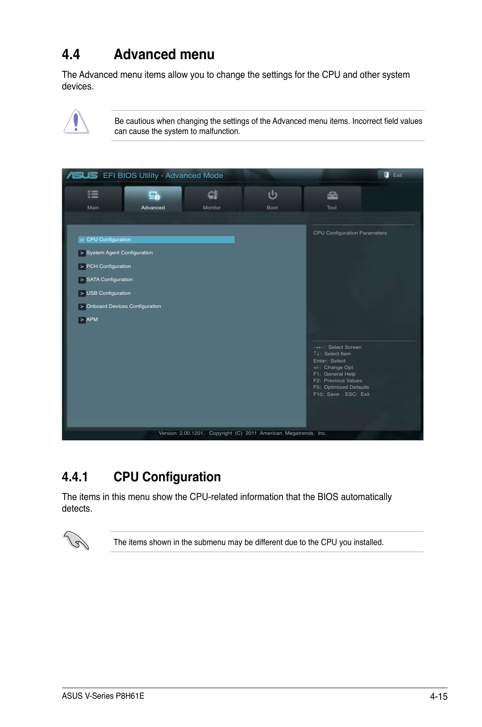 4 advanced menu, 1 cpu configuration, Advanced menu -15 4.4.1 | Cpu configuration -15 | Asus P6-P8H61E User Manual | Page 65 / 75