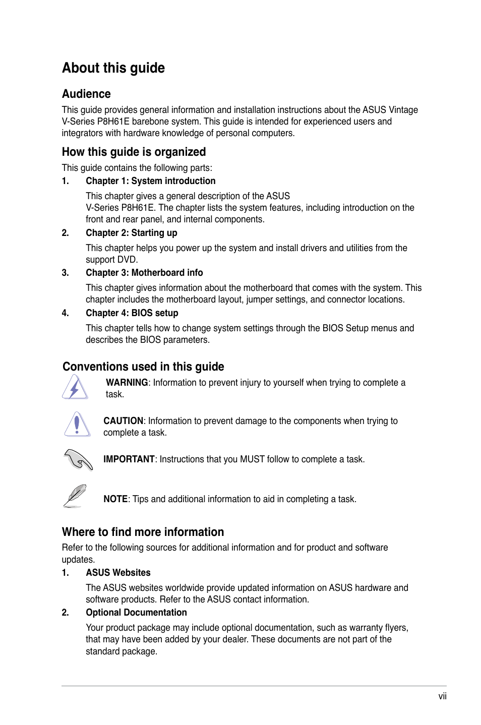 About this guide, Conventions used in this guide, Where to find more information | Audience, How this guide is organized | Asus P6-P8H61E User Manual | Page 7 / 75