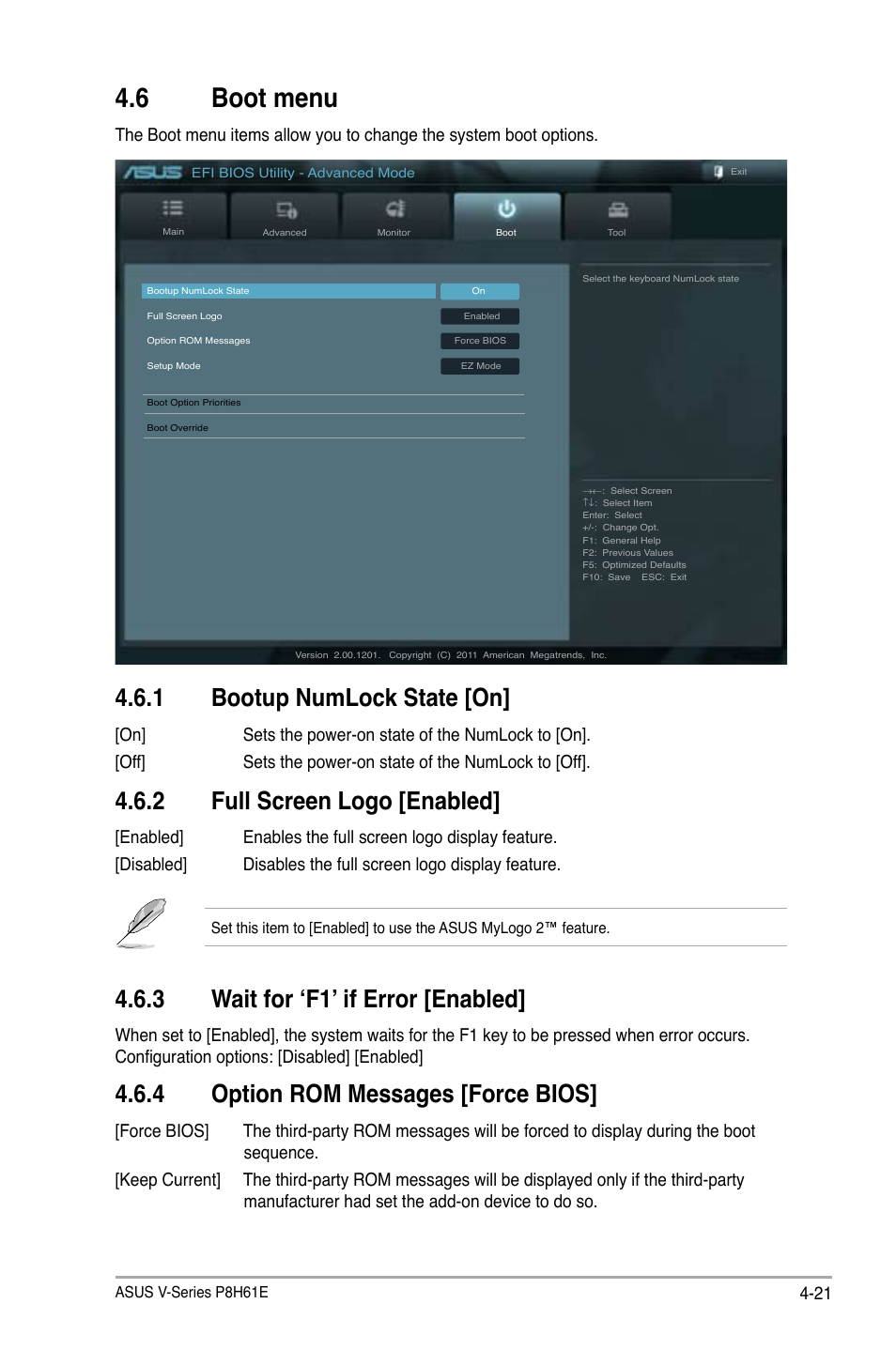 6 boot menu, 1 bootup numlock state [on, 2 full screen logo [enabled | 3 wait for ‘f1’ if error [enabled, 4 option rom messages [force bios, Boot menu -21 4.6.1, Bootup numlock state [on] -21, Full screen logo [enabled] -21, Wait for ‘f1’ if error [enabled] -21, Option rom messages [force bios] -21 | Asus P6-P8H61E User Manual | Page 71 / 75