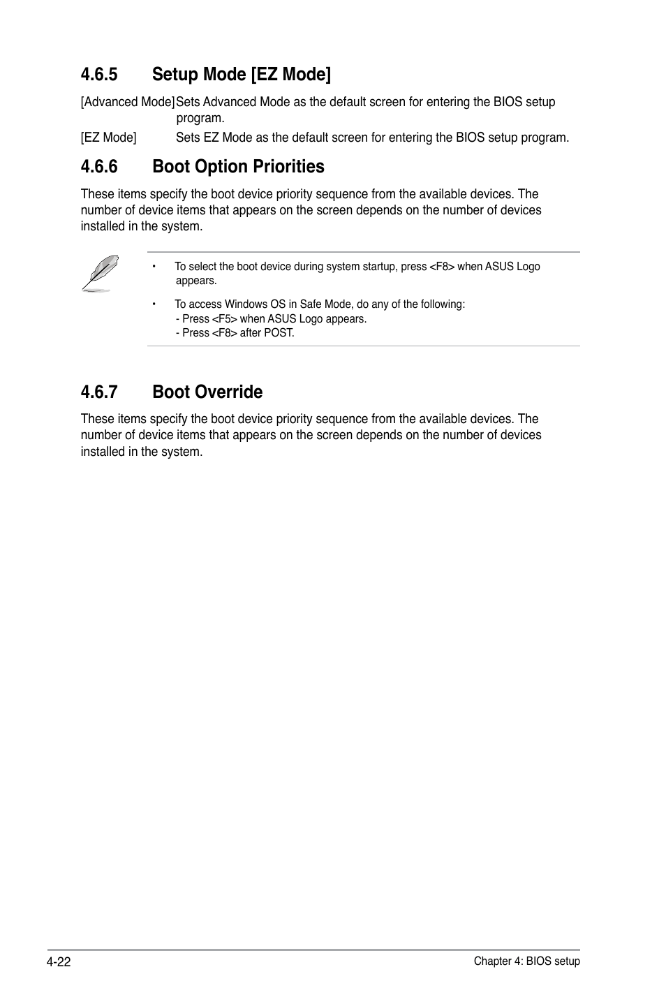 5 setup mode [ez mode, 6 boot option priorities, 7 boot override | Setup mode [ez mode] -22, Boot option priorities -22, Boot override -22 | Asus P6-P8H61E User Manual | Page 72 / 75