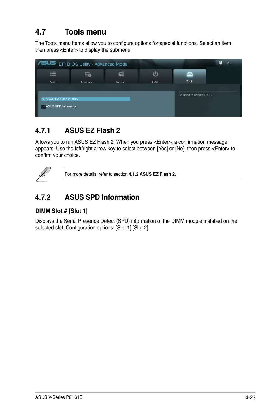 7 tools menu, 1 asus ez flash 2, 2 asus spd information | Tools menu -23 4.7.1, Asus ez flash 2 -23, Asus spd information -23, Dimm slot # [slot 1 | Asus P6-P8H61E User Manual | Page 73 / 75