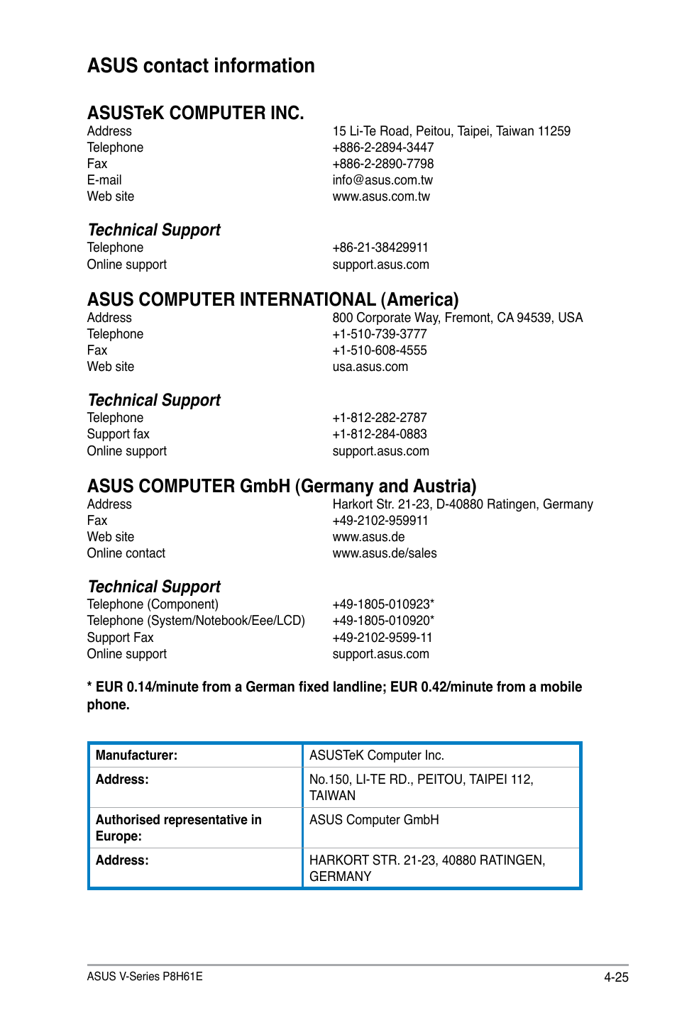 Asus contact information, Asus contact information -25, Asustek computer inc | Asus computer international (america), Asus computer gmbh (germany and austria), Technical support | Asus P6-P8H61E User Manual | Page 75 / 75