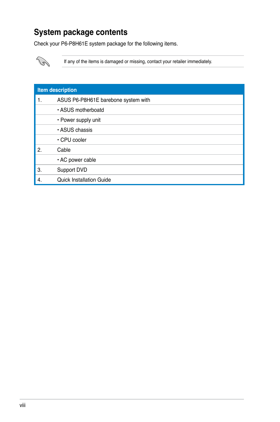 System package contents | Asus P6-P8H61E User Manual | Page 8 / 75