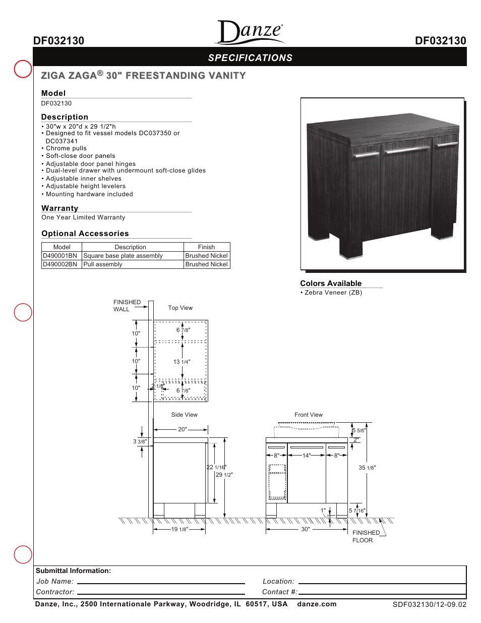 Danze DF032130 - Spec Sheets User Manual | 1 page