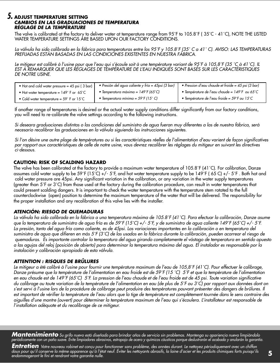 Mantenimiento, Entretien | Danze D560140 - Installation Manual User Manual | Page 5 / 10