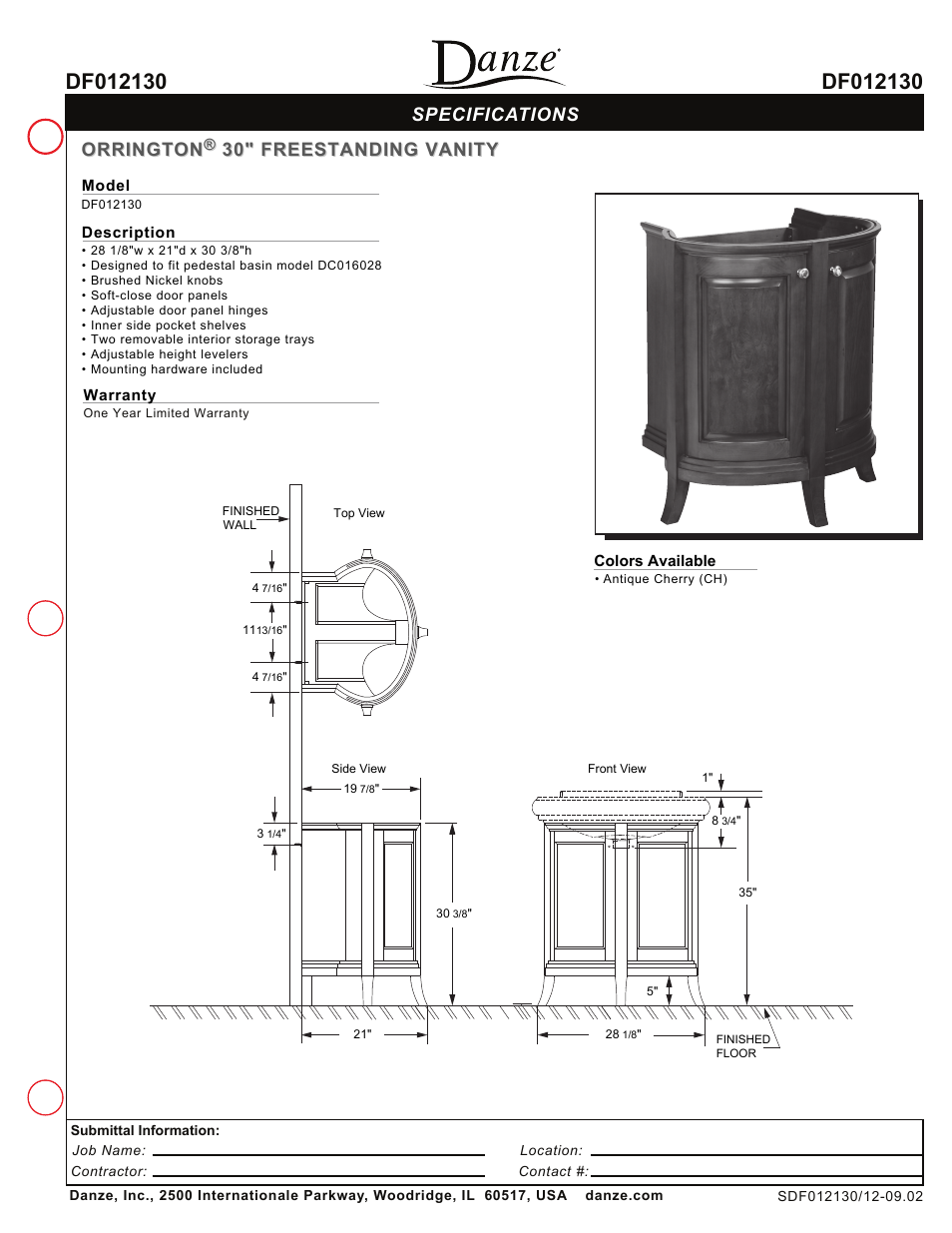 Danze DF012130 - Spec Sheets User Manual | 1 page