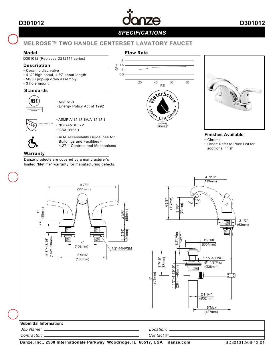 Danze D301012 - Spec Sheets User Manual | 1 page