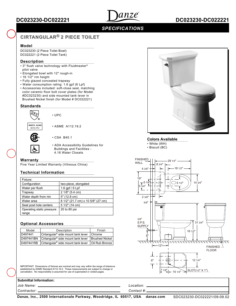 Danze DC023230-DC022221 - Spec Sheets User Manual | 1 page