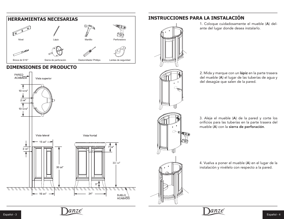 Instrucciones para la instalación, Dimensiones de producto herramientas necesarias | Danze DF012124 - Installation Manual User Manual | Page 7 / 12