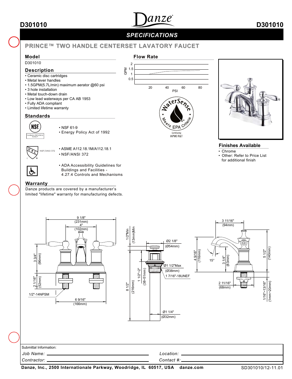 Danze D301010 - Spec Sheets User Manual | 1 page