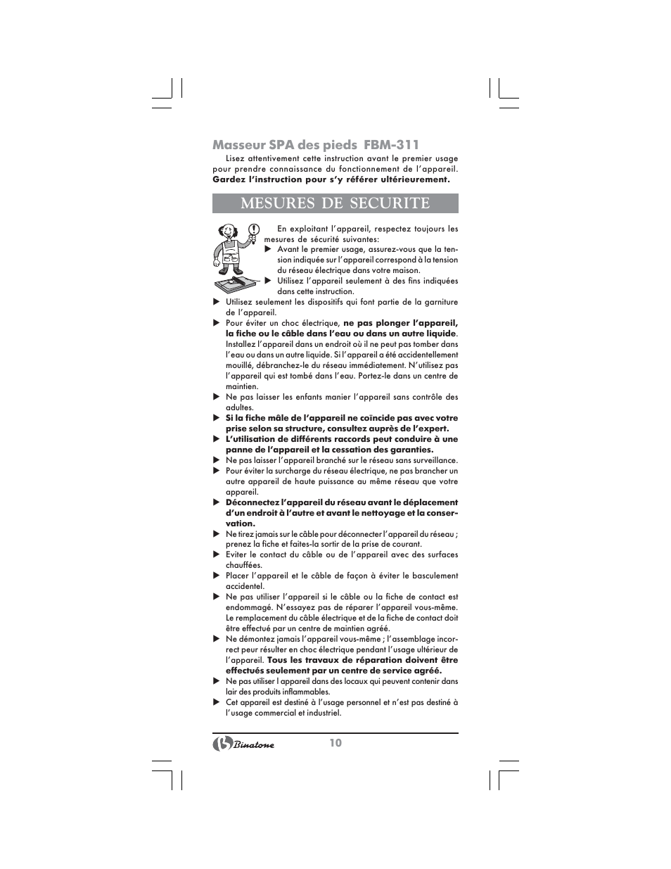 Mesures de securite, Masseur spa des pieds fbm 311 | Binatone FBM-311 User Manual | Page 10 / 28
