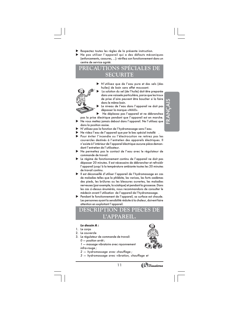 Français, Precautions spéciales de securite, Description des pieces de l’appareil | Binatone FBM-311 User Manual | Page 11 / 28