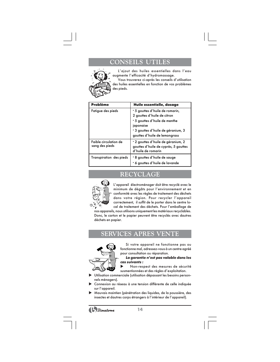 Recyclage, Services apres vente, Conseils utiles | Binatone FBM-311 User Manual | Page 14 / 28