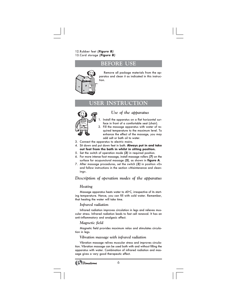 Before use, User instruction, Use of the apparatus | Description of operation modes of the apparatus | Binatone FBM-311 User Manual | Page 6 / 28