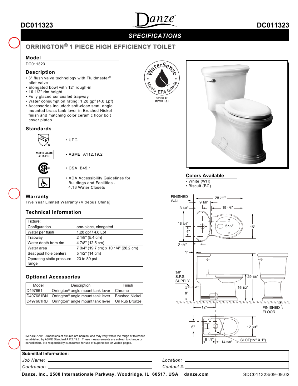 Danze DC011323 - Spec Sheets User Manual | 1 page