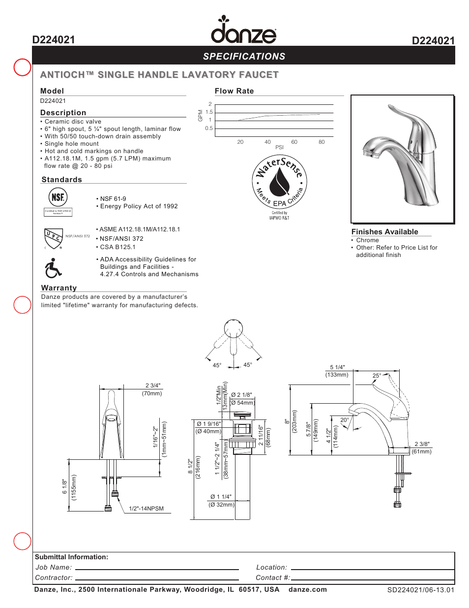 Danze D224021 - Spec Sheets User Manual | 1 page