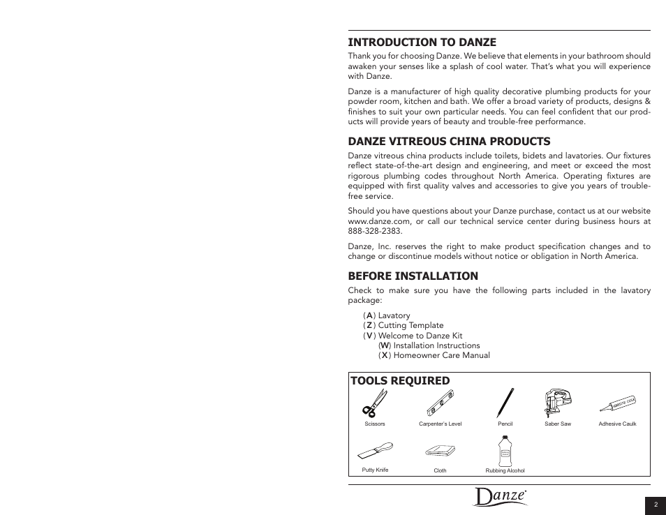 Introduction to danze, Danze vitreous china products, Before installation | Tools required | Danze DC037341 - Installation Manual User Manual | Page 2 / 9