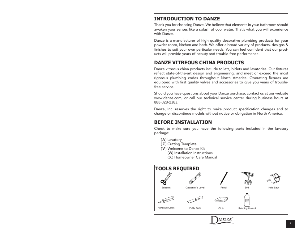 Introduction to danze, Danze vitreous china products, Before installation | Tools required | Danze DC037350 - Installation Manual User Manual | Page 2 / 8