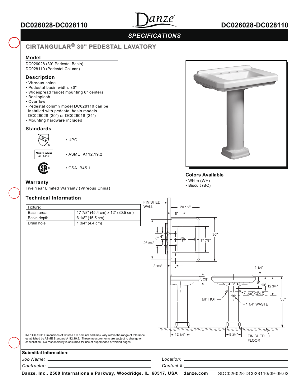 Danze DC028110 - Spec Sheets User Manual | 1 page