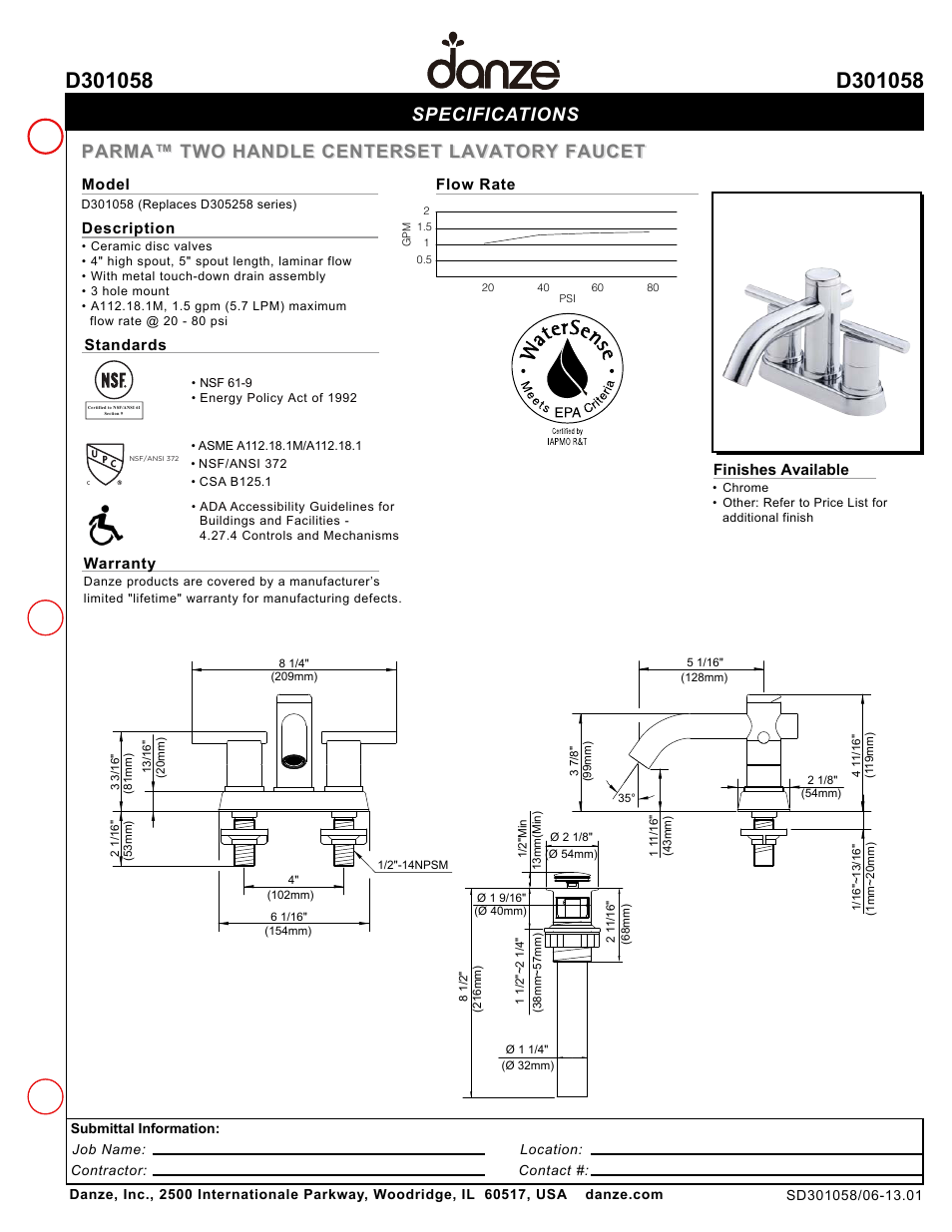 Danze D301058 - Spec Sheets User Manual | 1 page