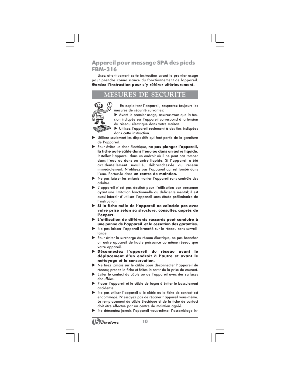 Mesures de securite, Appareil pour massage spa des pieds fbm 316 | Binatone FBM-316 User Manual | Page 10 / 28
