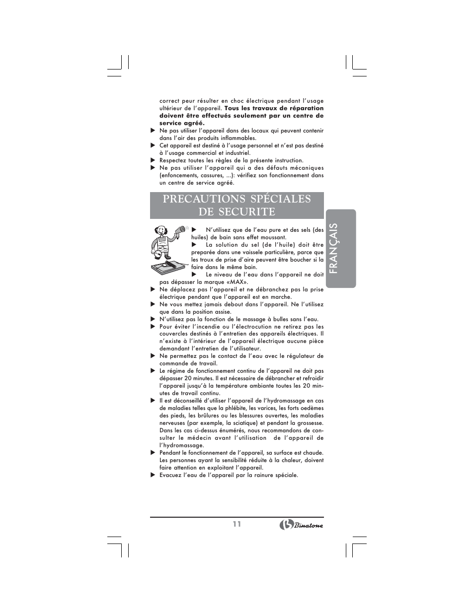 Français, Precautions spéciales de securite | Binatone FBM-316 User Manual | Page 11 / 28