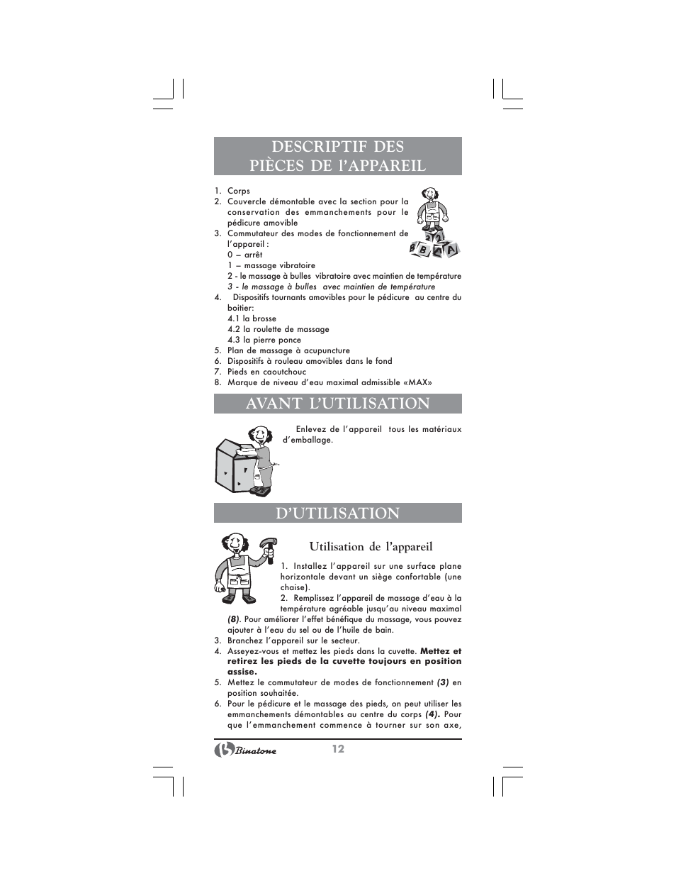 Descriptif des pièces de l’appareil, Avant l’utilisation, Notice d’utilisation | Binatone FBM-316 User Manual | Page 12 / 28