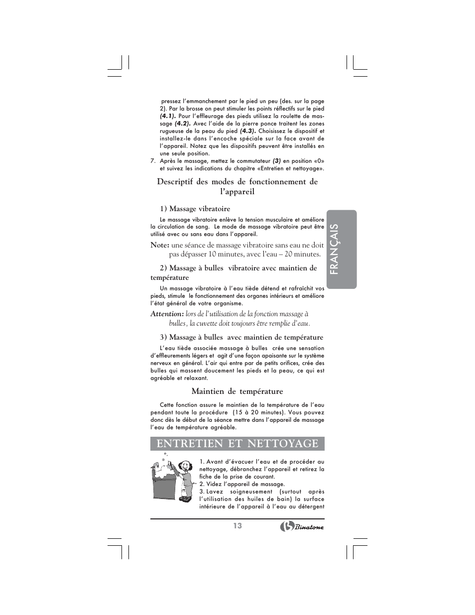 Français, Entretien et nettoyage | Binatone FBM-316 User Manual | Page 13 / 28