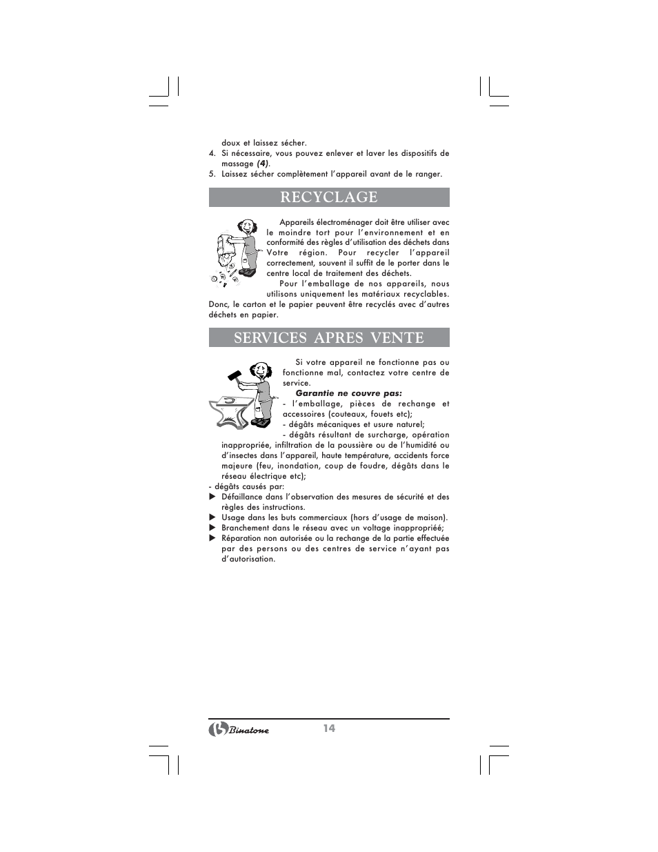 Recyclage, Services apres vente | Binatone FBM-316 User Manual | Page 14 / 28