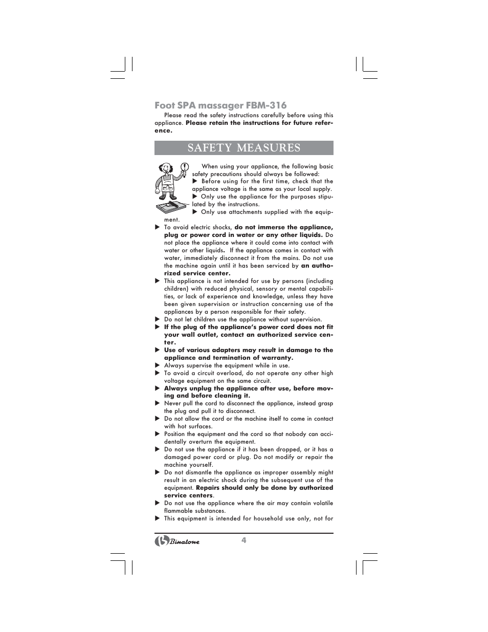 Safety measures, Foot spa massager fbm 316 | Binatone FBM-316 User Manual | Page 4 / 28