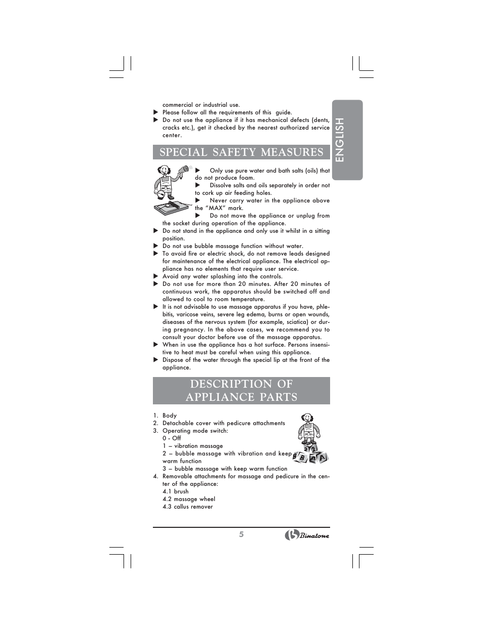 English, Special safety measures, Description of appliance parts | Binatone FBM-316 User Manual | Page 5 / 28